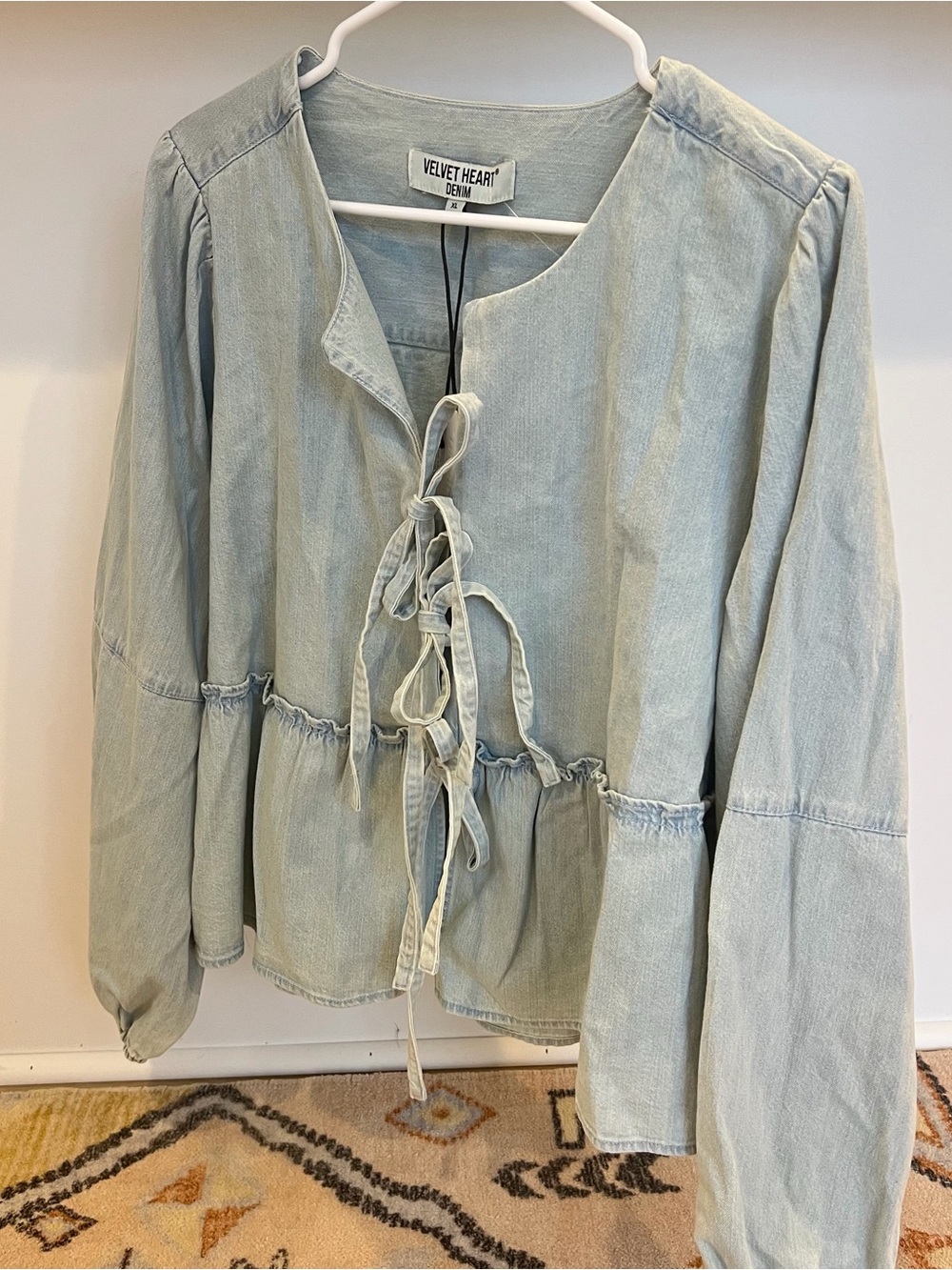 Velvet Heart Light Wash Denim Tie-Front Peplum Blouse